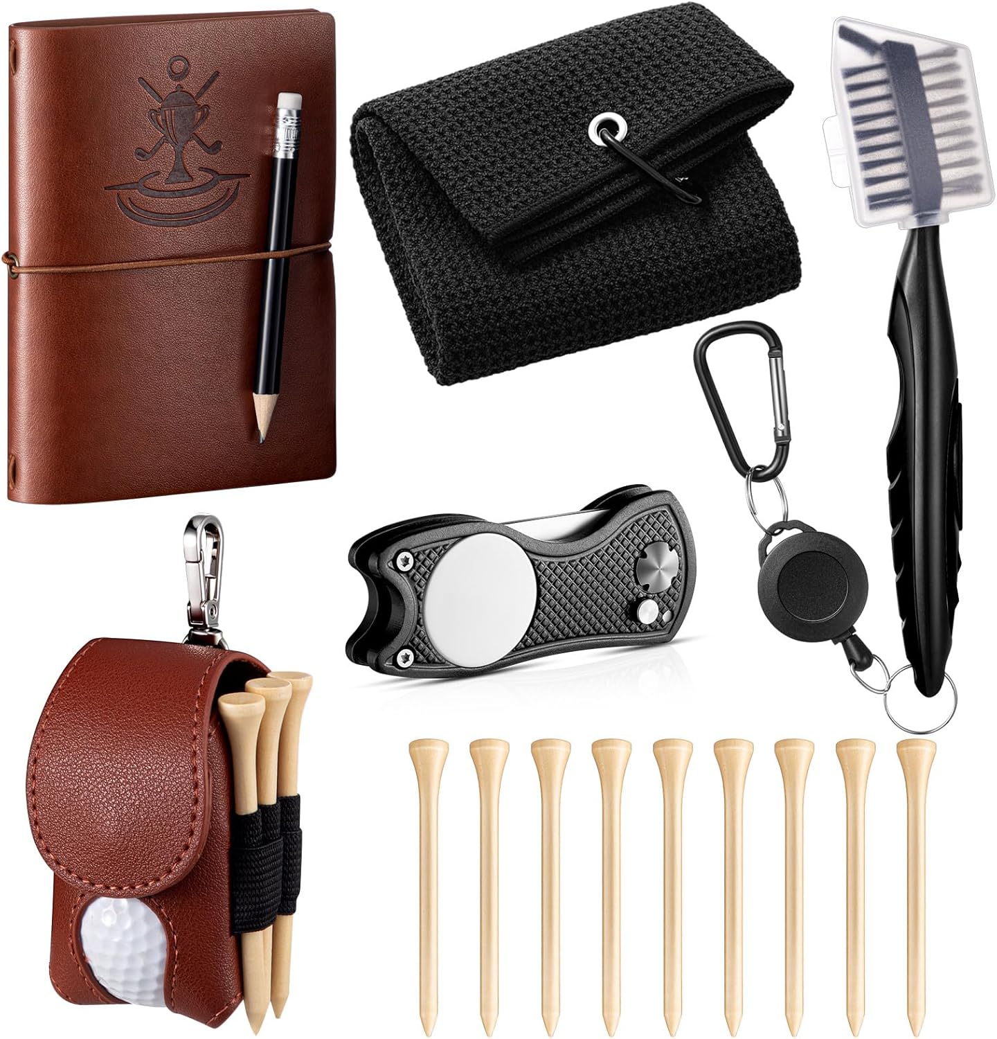 14 Pcs Golf Accessories Kit Gifts, Include Brown Scorecard Book, Golf Ball Bag with Hook Towel Tees Magnetic Ball Marker Divot Tool Cleaner Brush for Women or Men Gifts Set