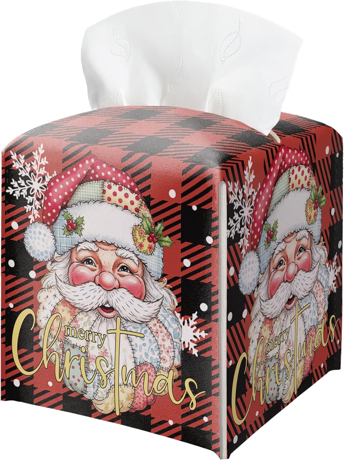 Merry Christmas Tissue Box Holder, Santa Claus Red Checkered Leather Tissue Box Cover Square, Paper Facial Decorative Tissues Cover for Night Stands Bathroom Office Home Decor-B16
