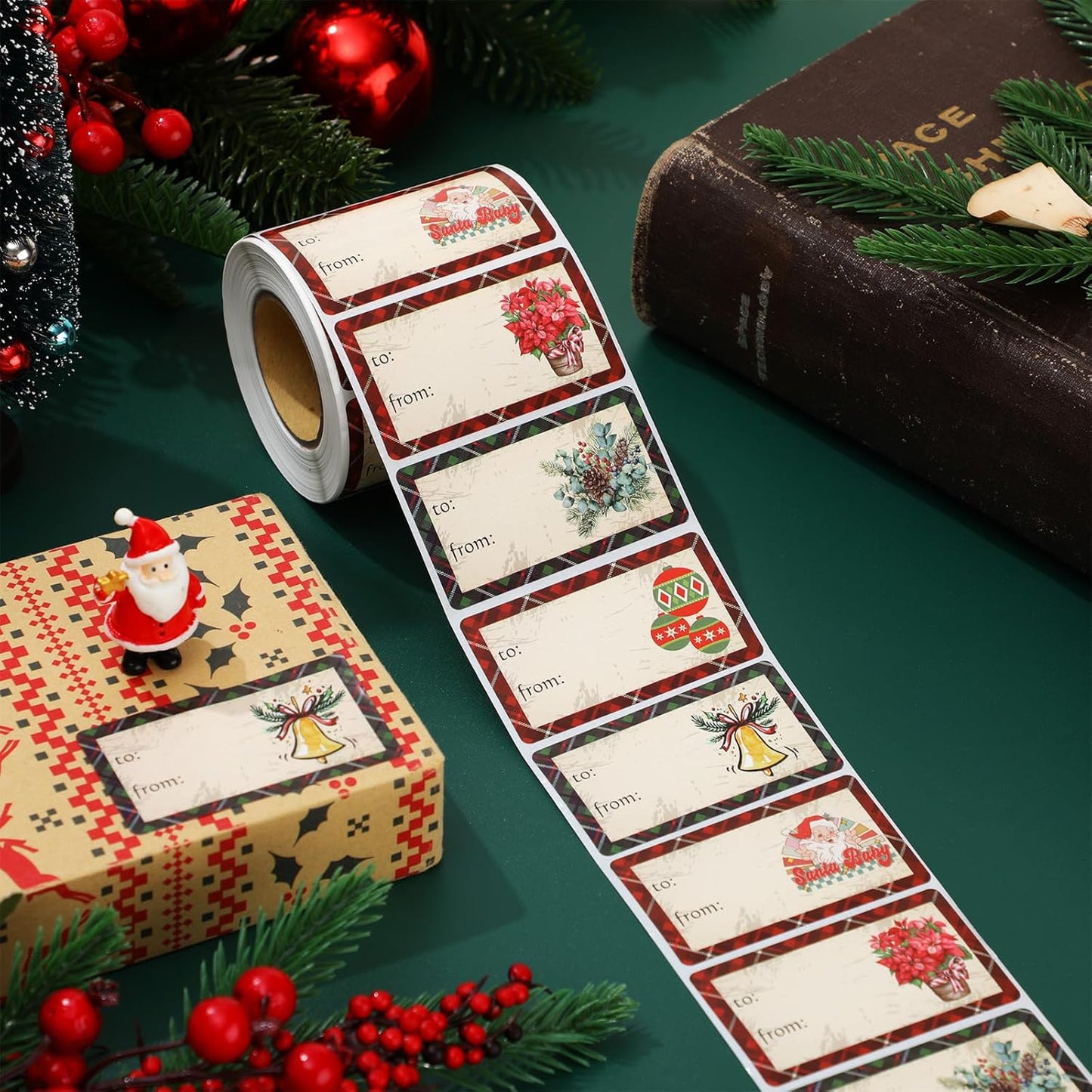 Outus 500 Pieces Christmas Tags Self Adhesive Gift Tags for Xmas Presents Christmas Name Labels Stickers for Wrapping Paper Festival Birthday Holiday Decor(Plaid Style,2.76 x 1.57 Inch)