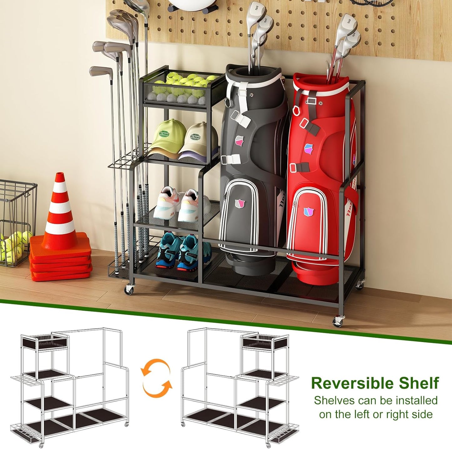 GILLAS Golf Bag Storage Garage Organizer, Golf Bag Stand Fit for 2 Golf Bags, Golf Equipment Accessories, Golf Bag Storage Rack with Wheels for Garage, Club, Shed, Basement