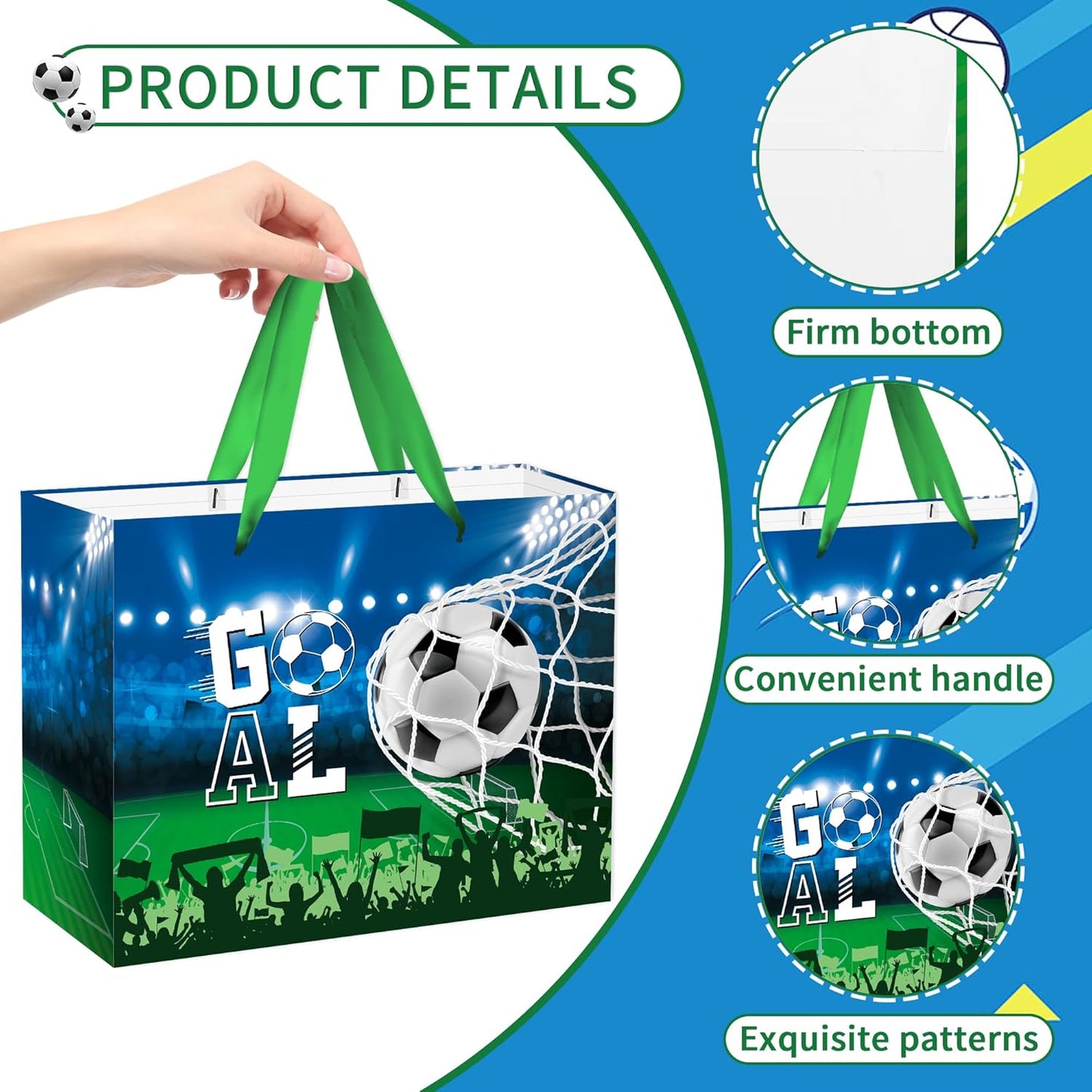 EoBeCy Large Soccer Gift Bag: Goal Wrapping Paper Gift Bags with Handles, Tissue Paper and Greeting Card, Reusable Birthday Gifts for Boys Kids Teens Men Team Sports Party Favor Bags