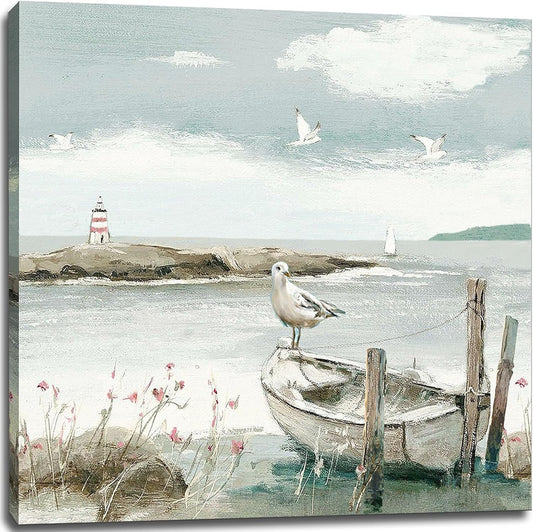 dgbtcart Coastal Bathroom Decor Vintage Ocean Theme Wall Art Sea Birds Seagull on the Boat Canvas Print Seascape Beach Pictures Artwork Hanging for Dining Office Living Room Bedroom 20"x20"inch
