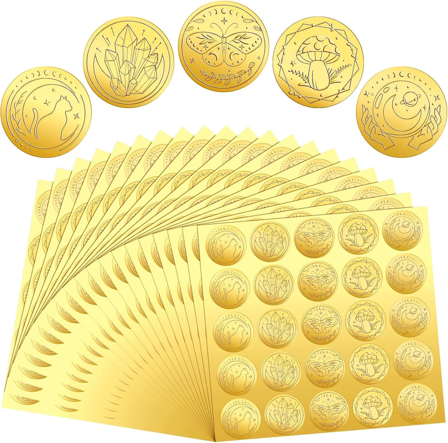 Chinco 500 Pieces Gold Embossed Envelope Seals Stickers Adhesive Seal Stickers Vintage Embossed Foil Certificate Kit Plant DIY Labels for Wedding Invitations Envelopes, 5 Patterns(Witchcraft Style)
