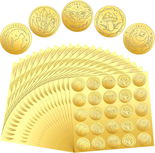 Chinco 500 Pieces Gold Embossed Envelope Seals Stickers Adhesive Seal Stickers Vintage Embossed Foil Certificate Kit Plant DIY Labels for Wedding Invitations Envelopes, 5 Patterns(Witchcraft Style)