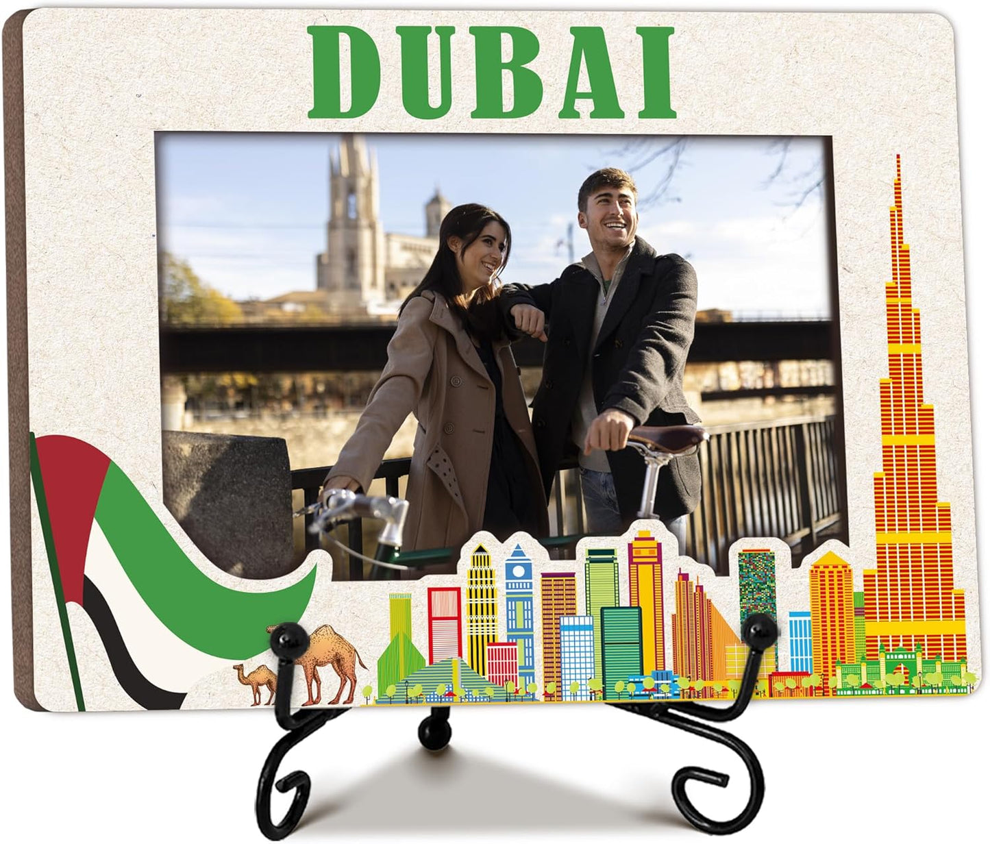 Dubai Travel Picture Frame, 5 x 8 Dubai Themed Wooden Photo Frame with Stand, Vacation Anniversary Honeymoon Gifts For Friend Family Couples, Home Office Desk Decorations-A18