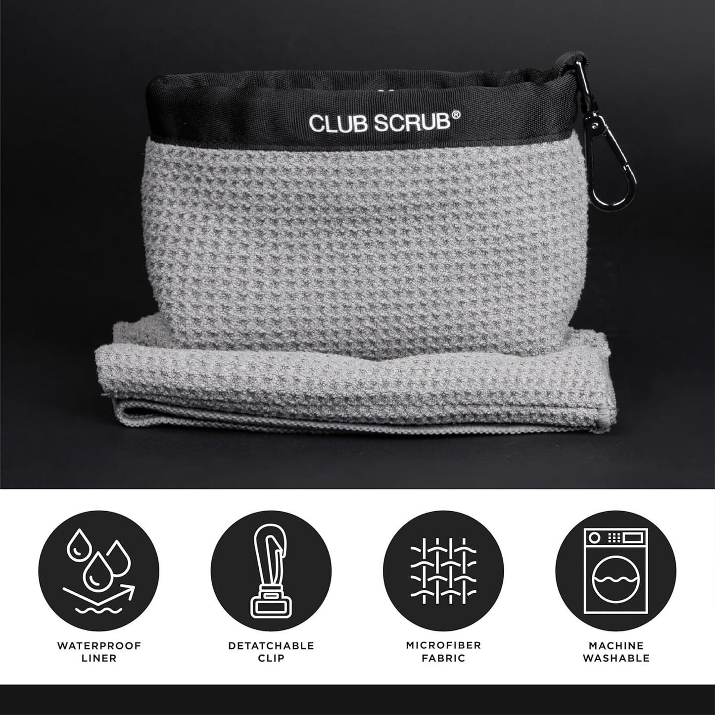 Club Scrub Towel Pro, Golf Club and Ball Cleaning Pouch with Attached Towel, Waterproof Exterior, Clean Face Technology Liner, Machine Washable, Cleans Club Grooves, Waffle-Weave Microfiber