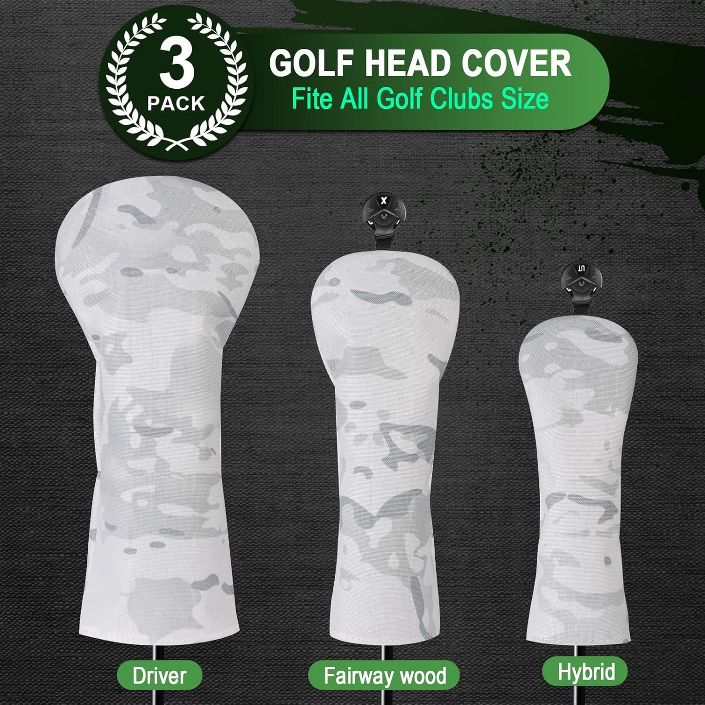 3 Pack Camouflage Golf Club Head Covers for Driver, Fairway Woods and Hybrid with Rotatable Number Tag