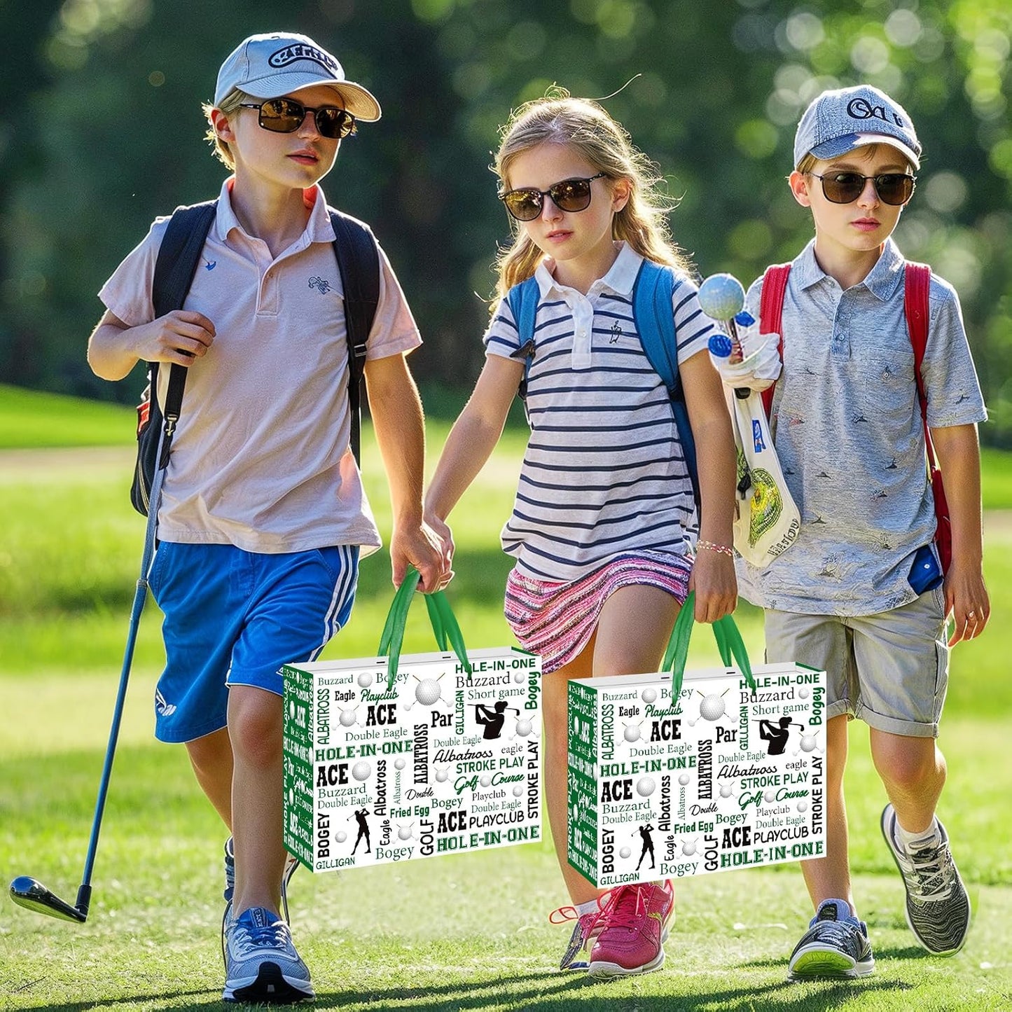 Golf Party Gift Bag, Large Golf Gift Wrap Bag with Tissue Paper Greeting Card Decorations for Sports Party Favors Golf Ball Themed Birthday Goodie Gifts Treat Wrapping Bags for Kids Men Team Supplies