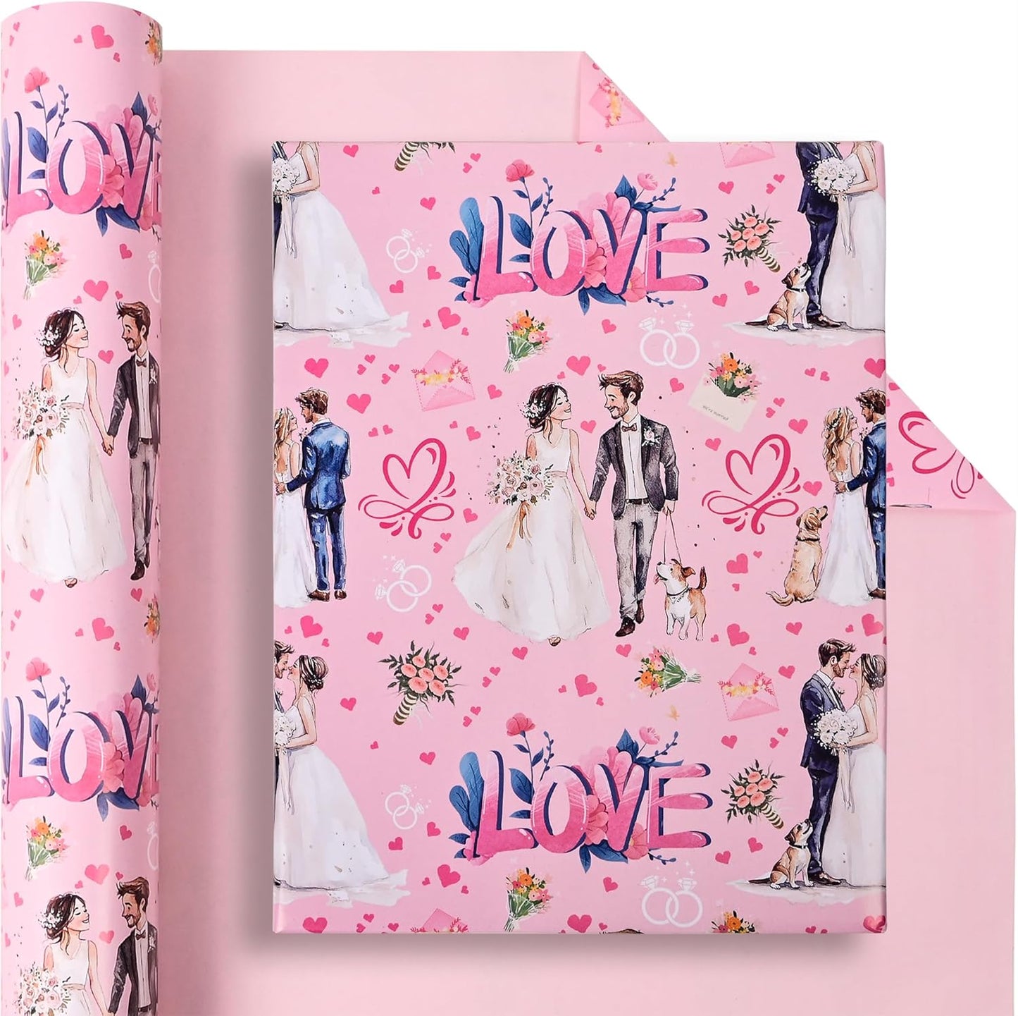 Vnaaem Reversible Wedding Wrapping Paper Roll for Girls Women - Pink Floral Design Gift Wrap for Holiday Bridal Shower Party - 17 in x 20 ft(Total 28.5sq.ft)