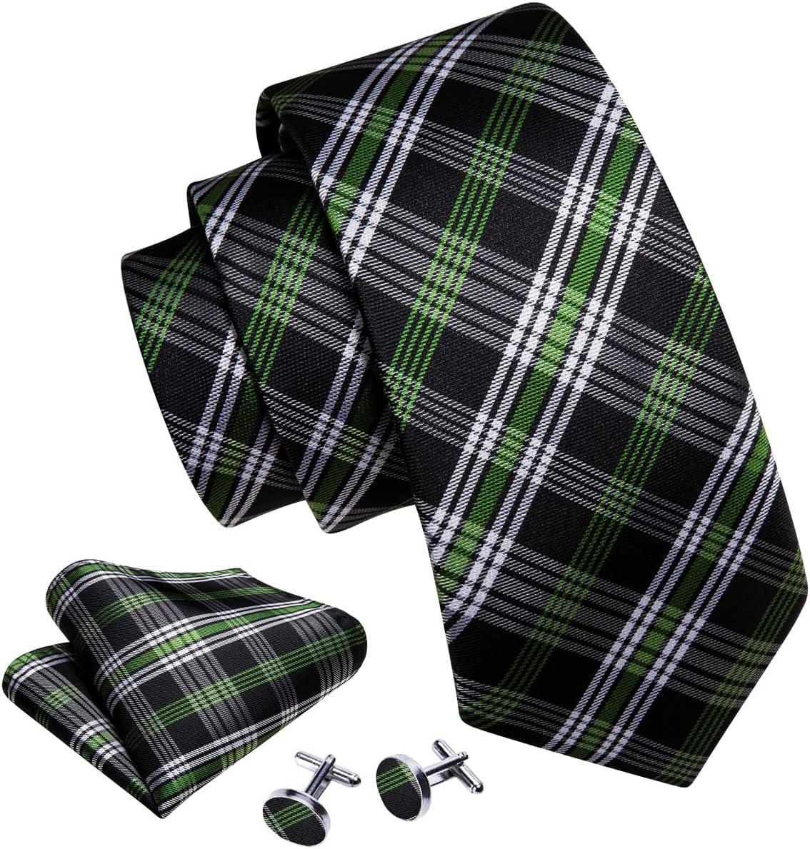 Barry.Wang Designer Classic Ties for Men Set Formal Pocket Square Cufflink Check Plaid