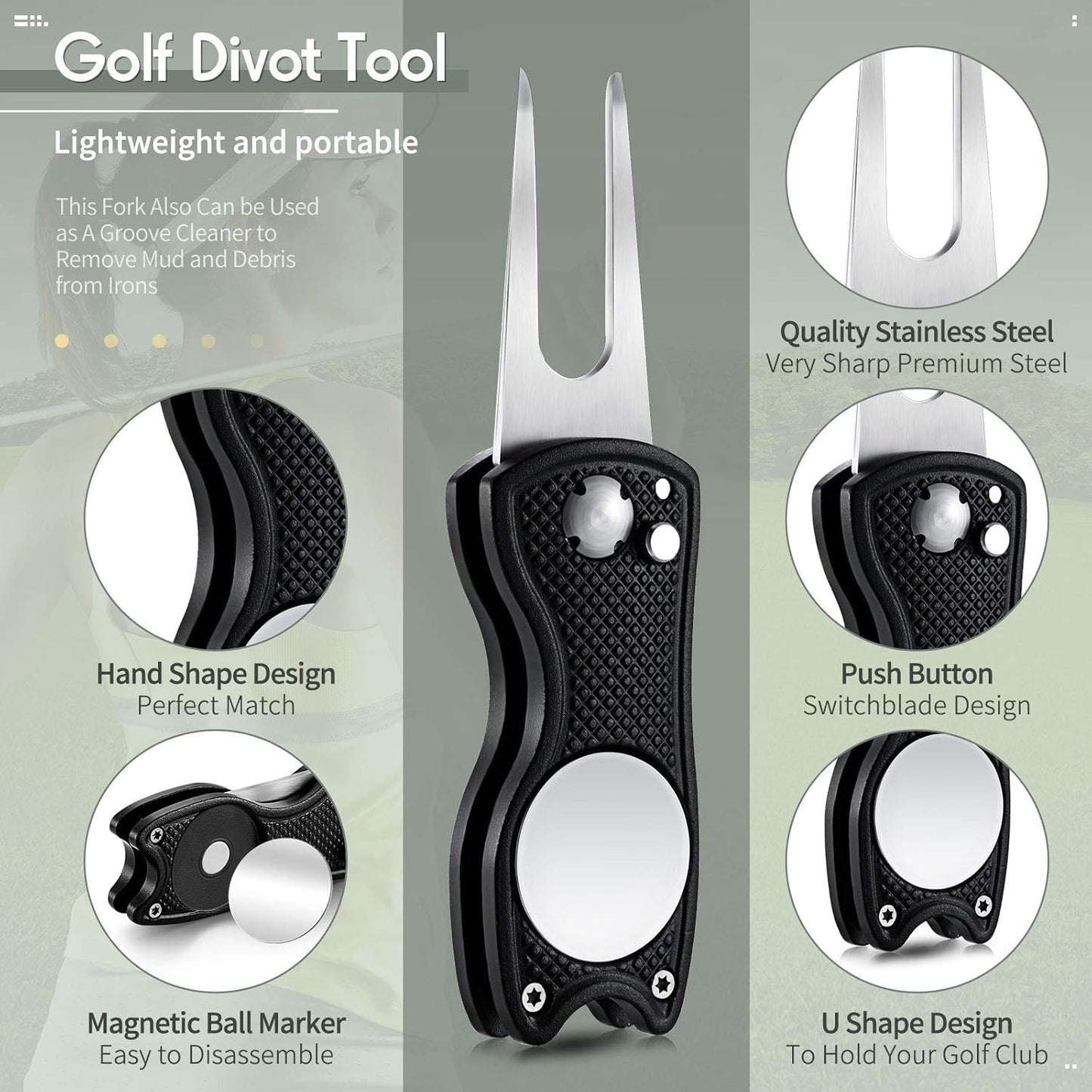 Skylety 4 Pcs Golf Divot Repair Tool Metal Foldable Golf Divot Tool with Magnetic Pop-up Button Ball Marker Stainless Steel Switchblade for Golfers Prizes