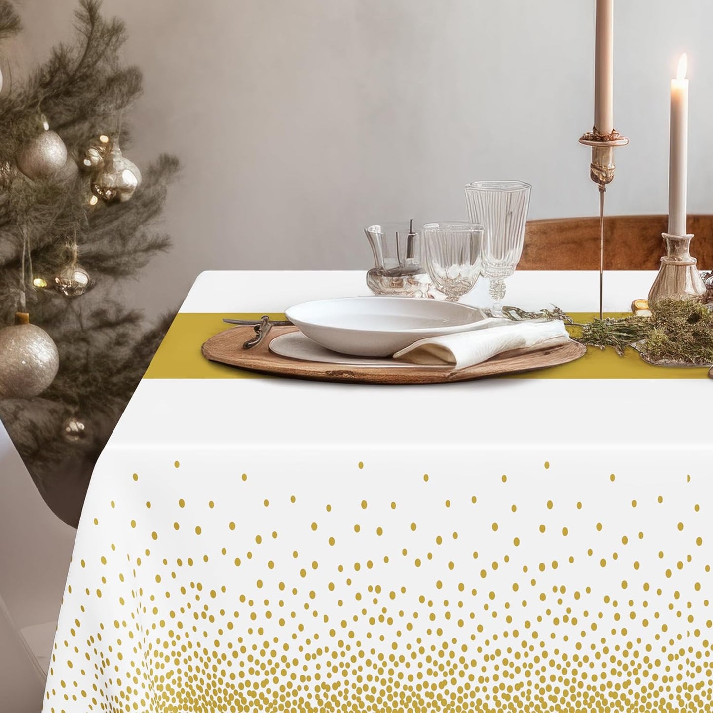 QZYL 12Pack Table Cloth Rectangle Tables, 54" x 108" Disposable Party White Table Cloths with Gold Dot, Waterproof Table Covers for Birthday Outdoor Wedding New Year Eve Birthday Decorations Supplies