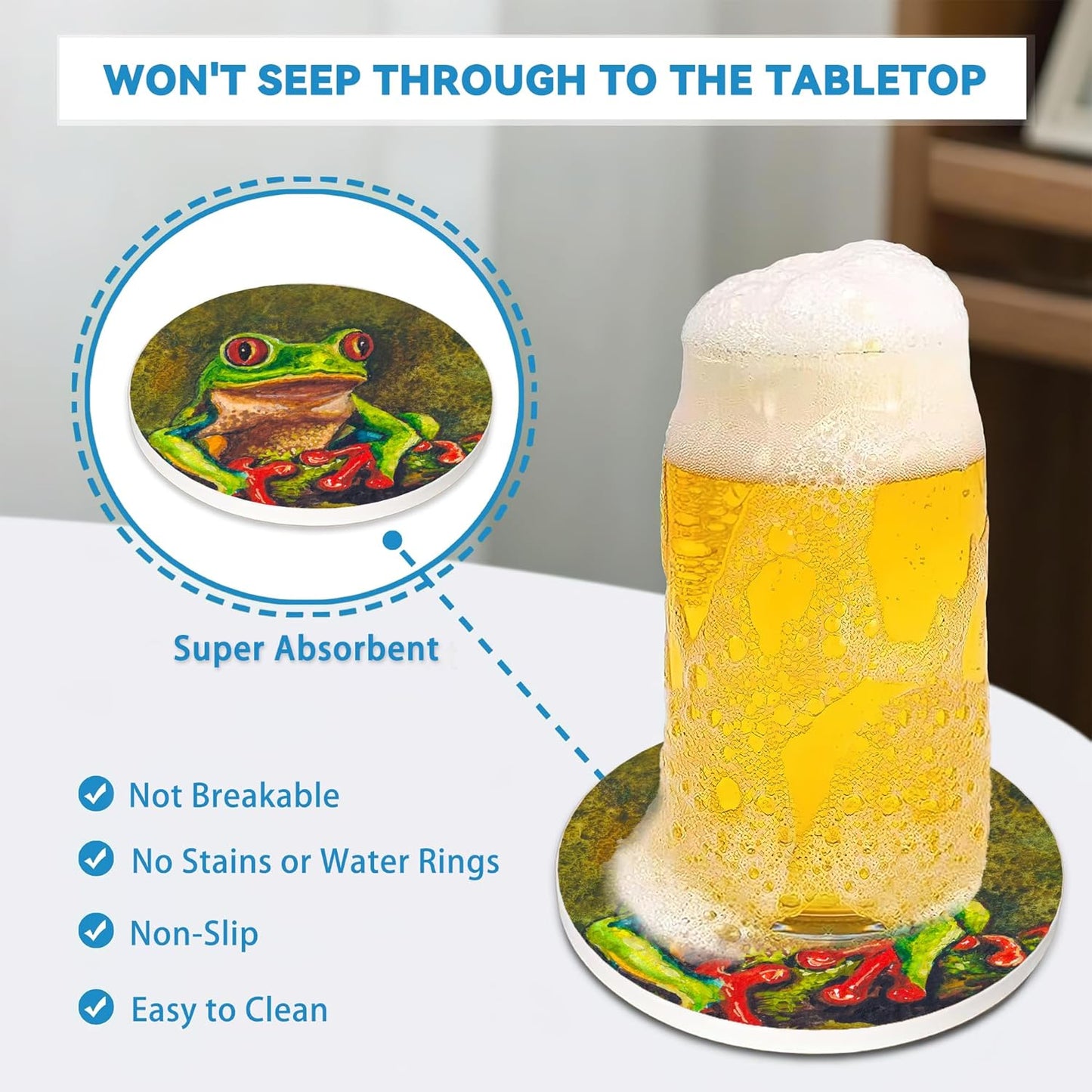 Drinks Coasters Set of 4, Tree Frog Round 4" Cup Coasters, Absorbent Ceramic Stone Coasters with Cork Base, Cute Coasters for Table Home Décor, Ideal Gifts for Women Men