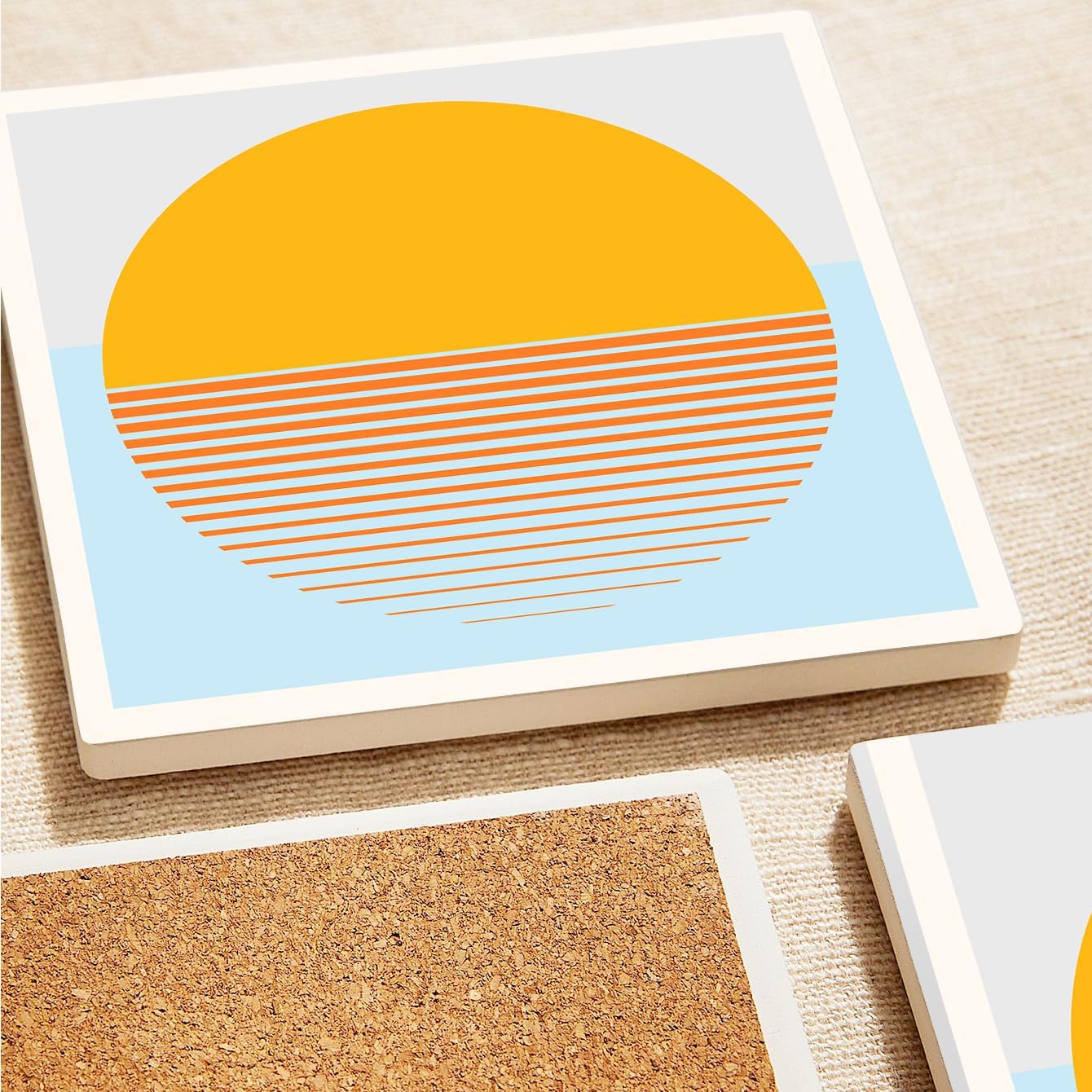 MAYCARI Abstract Sun Coasters Set of 6 Cork Backed Artistic Coasters with Metal Holder Minimalist Aesthetic Ceramic Surface Drink Cup Mats for Tabletop Protection Modern Desk Decoration Birthday Gifts