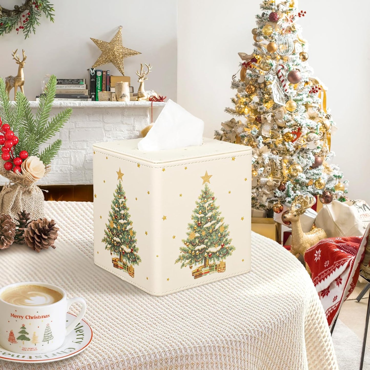Christmas Tissue Box Cover Square, PU Leather Tissue Box Holder with Magnetic Closure for Bathroom Livingroom Bedroom, Christmas Decorations Cube Tissue Holder (Christmas Tree)