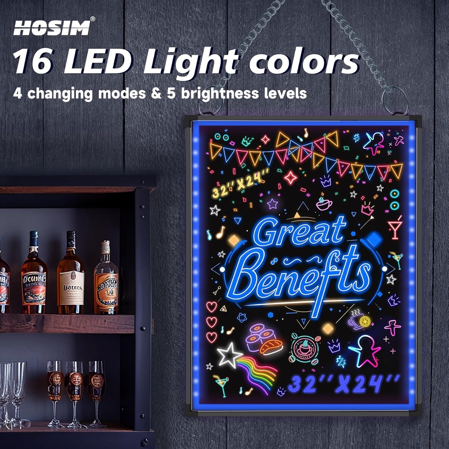 Hosim LED Message Writing Board, 24" x 16" Illuminated Erasable Neon Effect Restaurant Menu Sign with 8 Colors Markers, 7 Colors Flashing Mode DIY Message Chalkboard for Kitchen Wedding Promotions