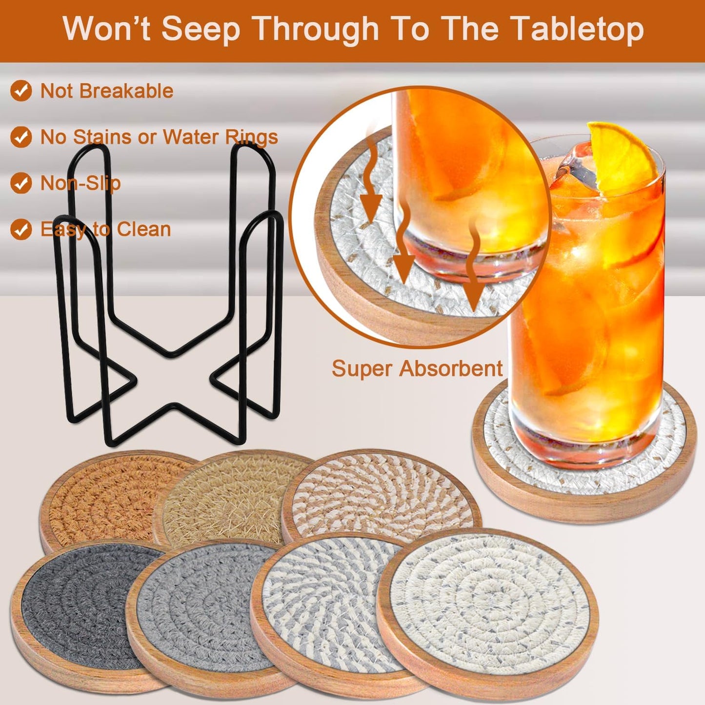 Coasters for Drinks Absorbent Sets of 8, Woven Coasters with Holder, Wood Coasters for Coffee Table, Housewarming Gift for Farmhouse Home Decor, 4 inches Brown & Gray