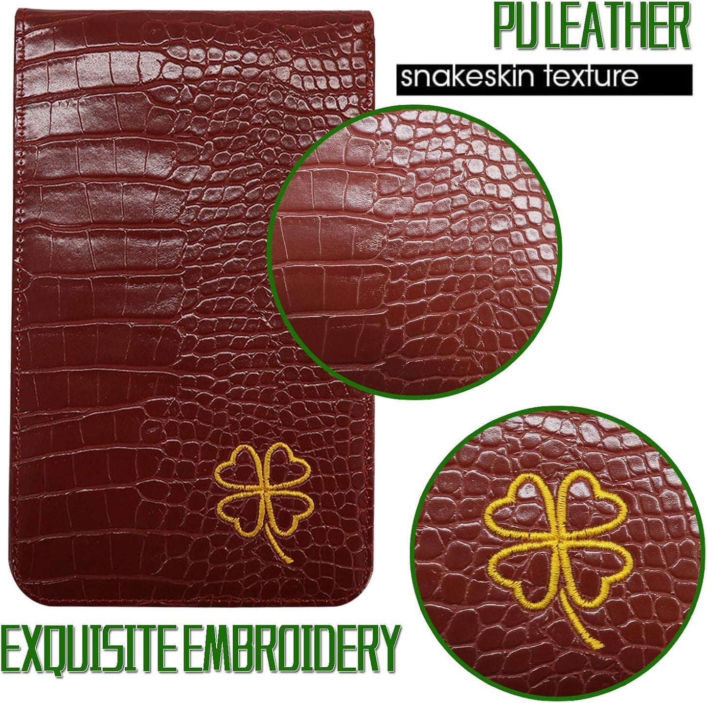 FINGER TEN Golf Scorecard Holder Leather Yardage Books Cover Lucky Clover with 2 Free Pencil Value Pack Deluxe Pocket Score Card Covers Gift for Men Women Golfer