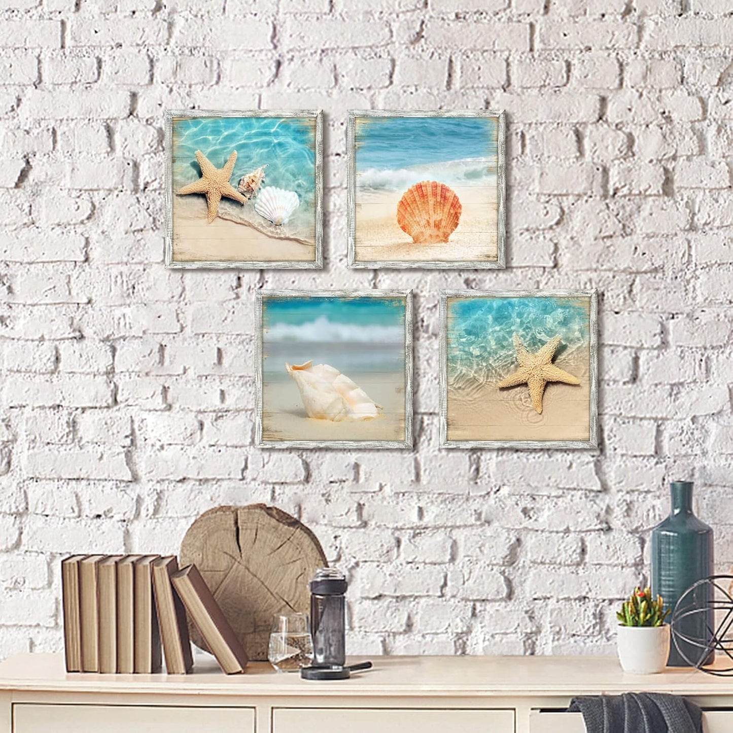 Beach Pictures Framed Wall Art: Seascape Artwork Set of 4 Seashell & Starfish Pictures Prints on Wood Ocean Wall Decor for Bedroom