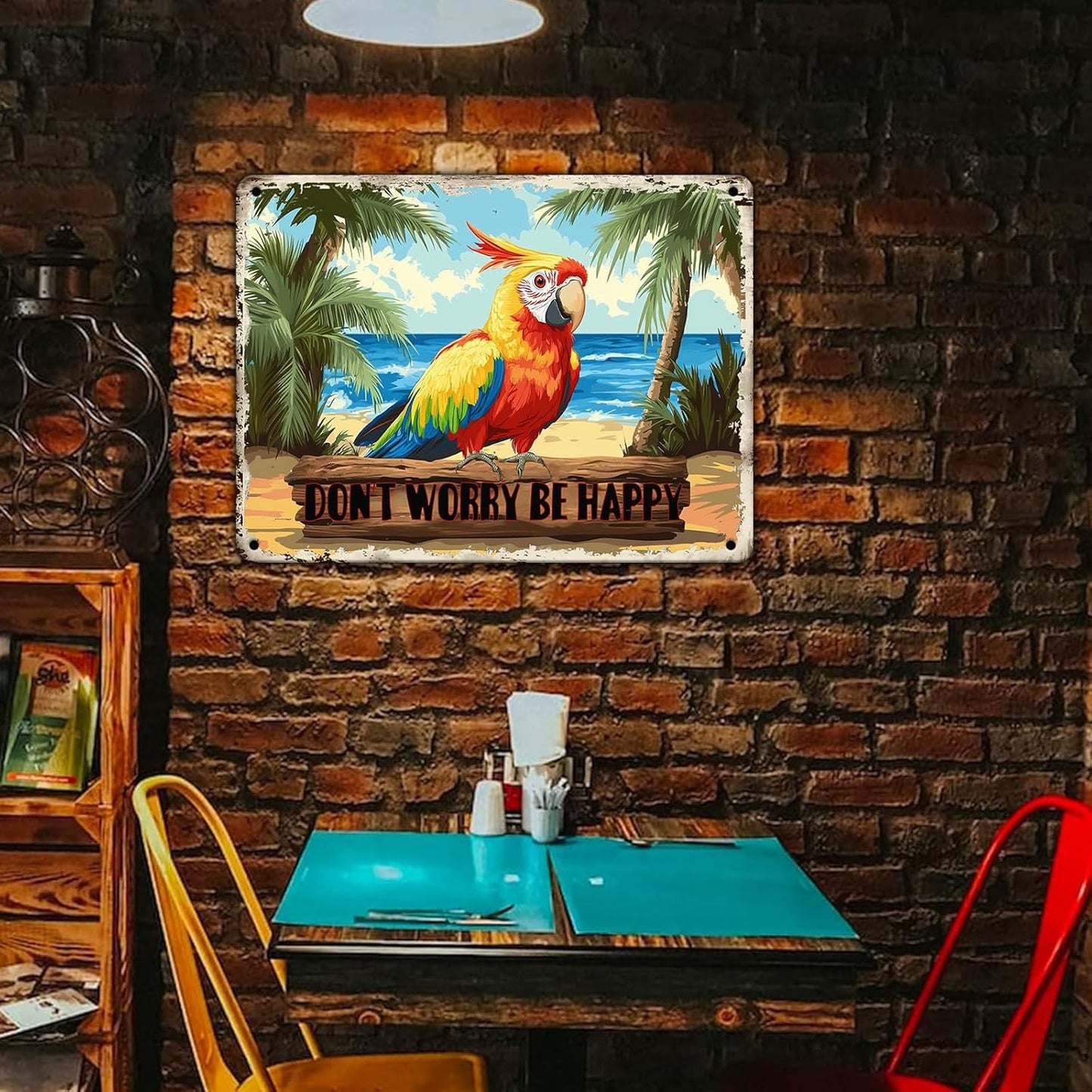 Creative Vintage Tin Metal Sign Don'T Worry Be Happy The Beach Parrot Iron Sign For Friend Porch Backyard Bar Outdoor Patio 12x16 Inch