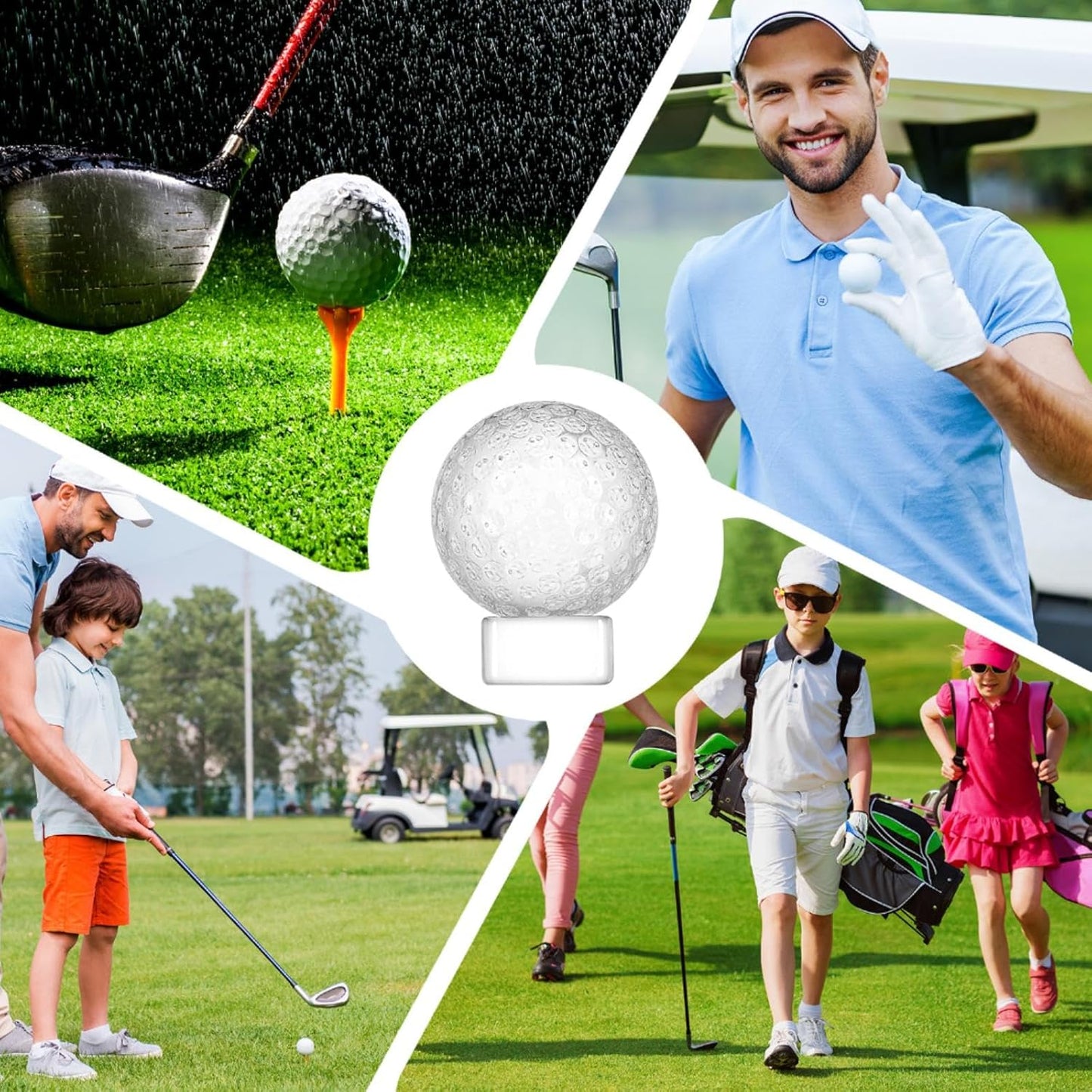 Landical 6 Pcs Crystal Glass Golf Ball Trophy with Display Stand Base for Sports Tournament Awards Crystal Golf Ball Trophy with Stand Team Prizes Statue for Retirement Gifts