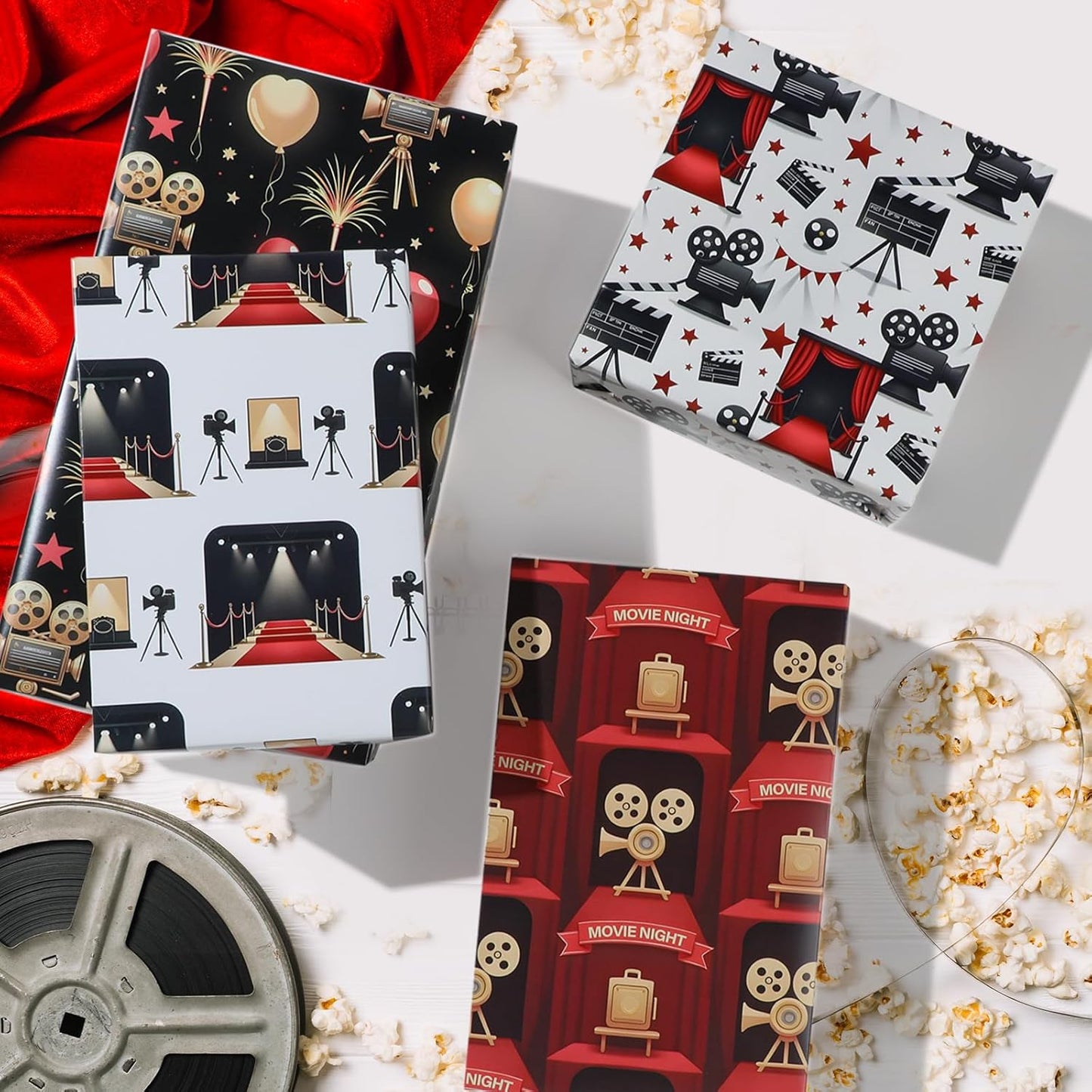 Movie Night Wrapping Paper Cinema Red Carpet Designs Gift Wrap for Party,Film Lovers,Movie Buffs,Theaters,20"×28"