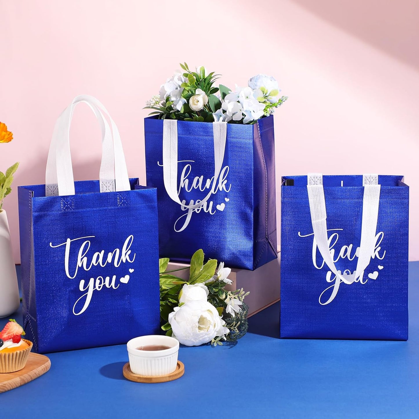 Sweetude 30 Pcs Thank You Gift Bags with Handles Bulk Reusable Goodie Bag Non Woven Foldable Handbag for Graduation Wedding Bridesmaid Gifts(10 x 8 x 4 Inch,Royal Blue)