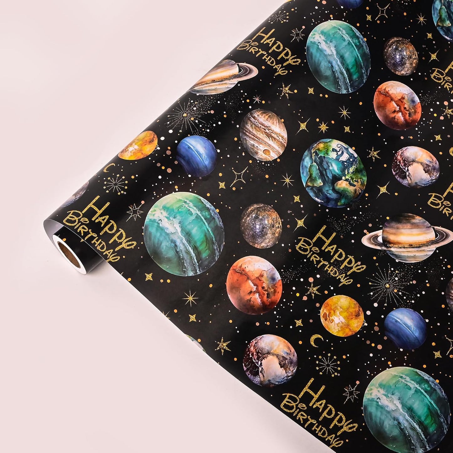 Vnaaem Space Wrapping Paper Roll for Boys Girls Kids - Solar System Planets & Happy Birthday Galaxy Gift Wrap for Kid's Birthday Baby Shower Holiday Craft DIY Party - 17 in x 20 ft(Total 28.5sq.ft)