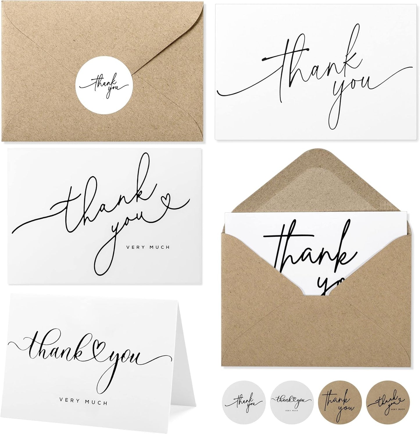 100 Bulk Thank You Cards with Kraft Envelopes and stickers - 4 Minimalistic Designs Blank Thank You Notes with Envelopes for business Wedding Bridal Gift Baby Shower Business Graduation