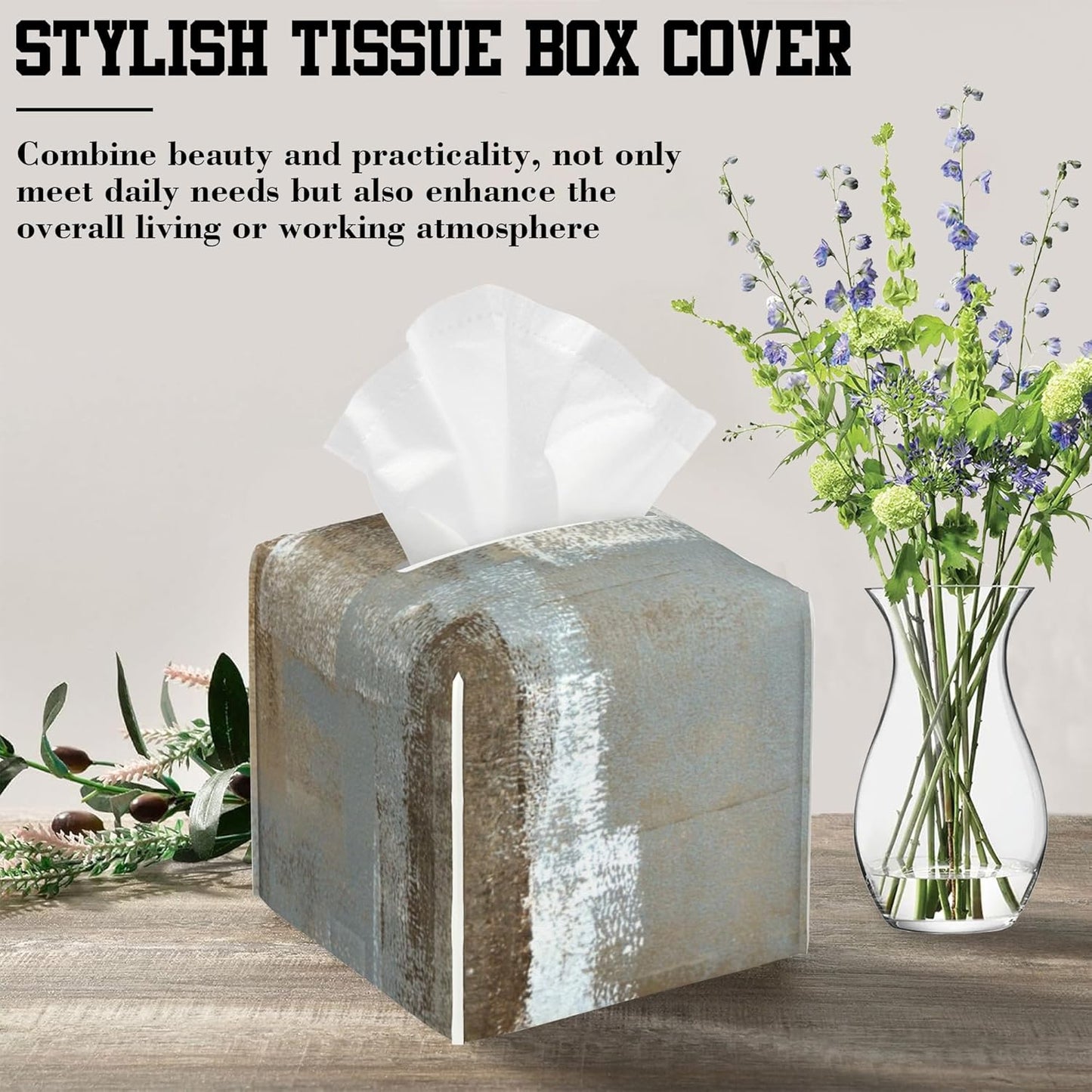 Grey and Beige Abstract Art Tissue Box Cover Square, Tissue Box Holder Leather Facial Paper Case Decorative Organizer Holder Dispenser Home Office Car Decor