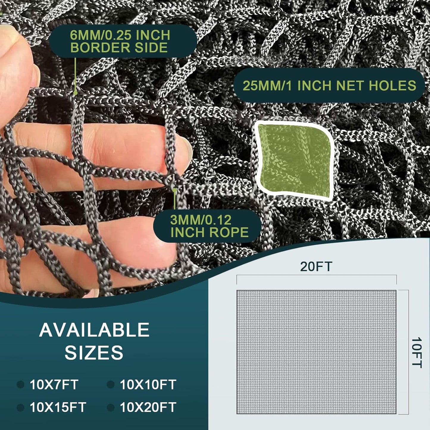 Golf Netting 7Ft,10Ft,15Ft,20Ft Golf Practice Net for Garage, Sport Practice Barrier Net, Heavy Duty Nylon Sport Netting Golf Hitting Net for Baseball, Hockey, Soccer, Tennis DIY Ball Net for Backyard