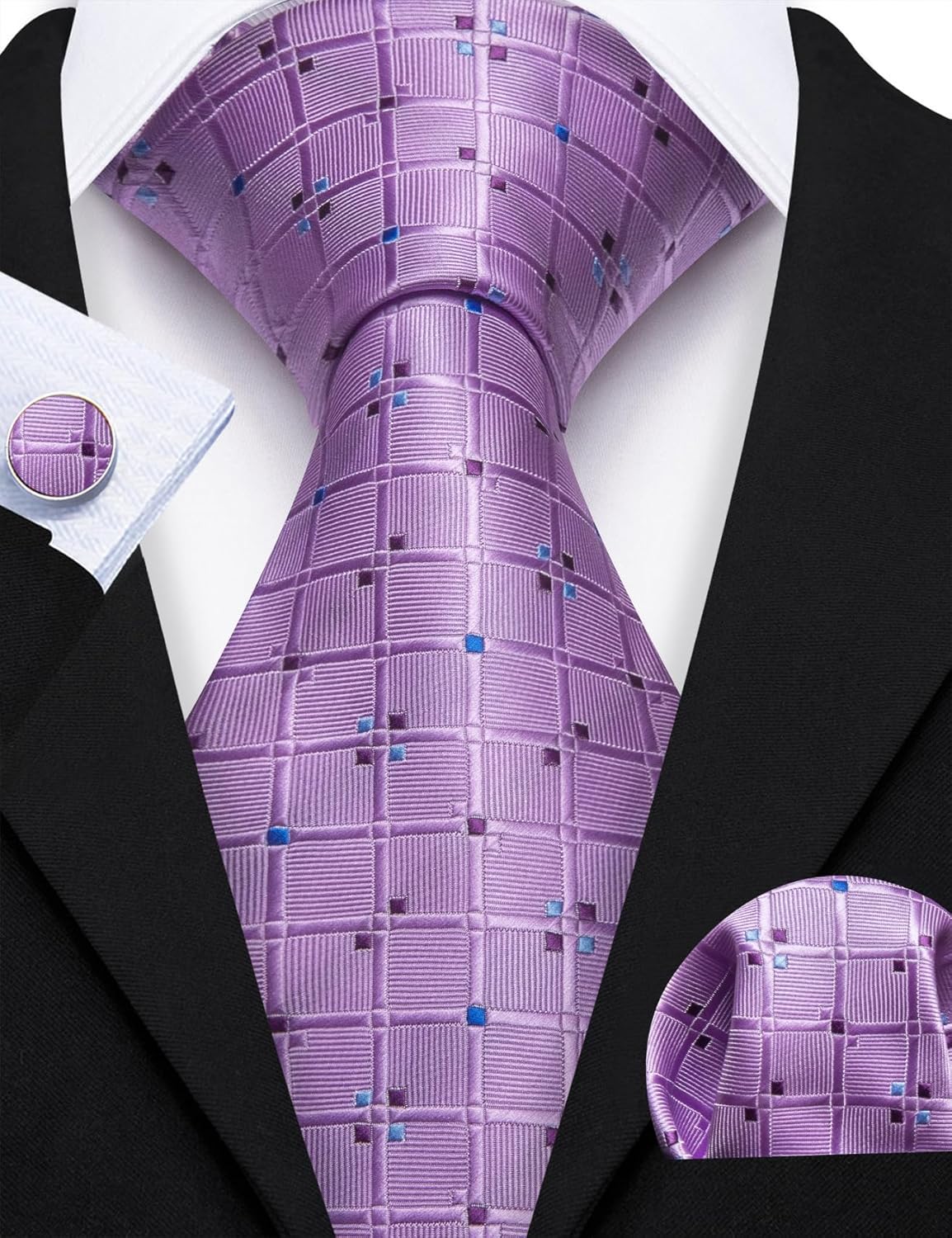 Barry.Wang Designer Classic Ties for Men Set Formal Pocket Square Cufflink Check Plaid