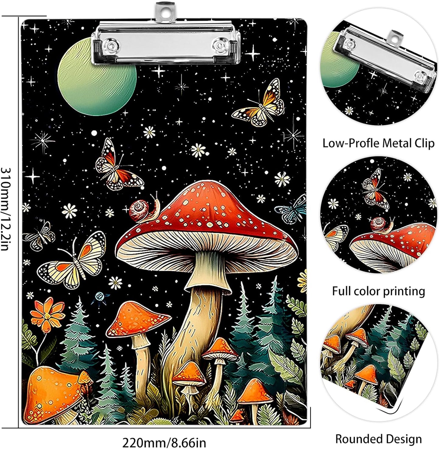 Plastic A4 Clipboards, Cute Fashion Clipboard Decorative, 12.2" x 8.7" Standard A4 Size Clipboards, Plastic Acrylic Clipboard for Teacher, Social Worker, Students,Women, Office Supplies(Mushroom)