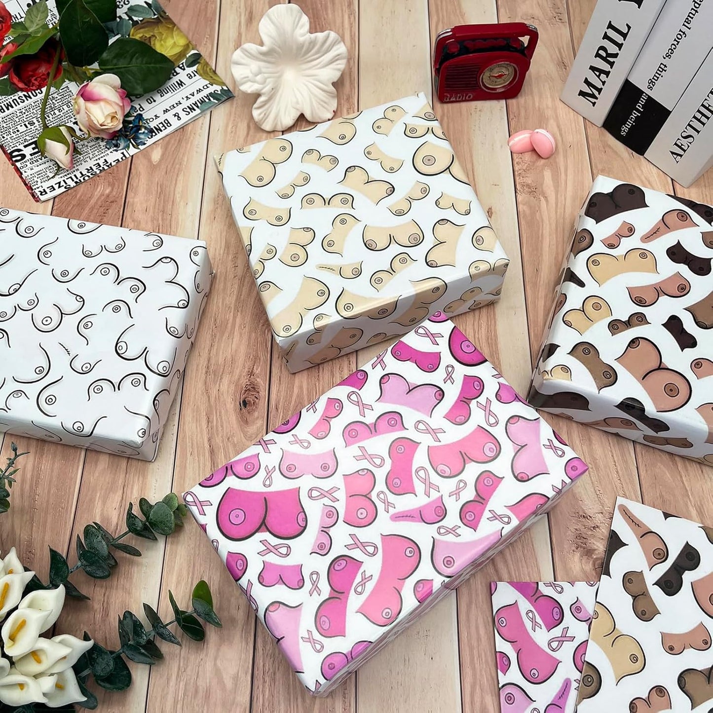 Dtiafu Bridal Shower Wrapping Paper for Women Girlfriend - 8 Sheet Funny Wrapping Paper with Pink Boob Print for Wedding Valentines Day Holiday Bachelorette Party- 20 x 28 Inch Per Sheet