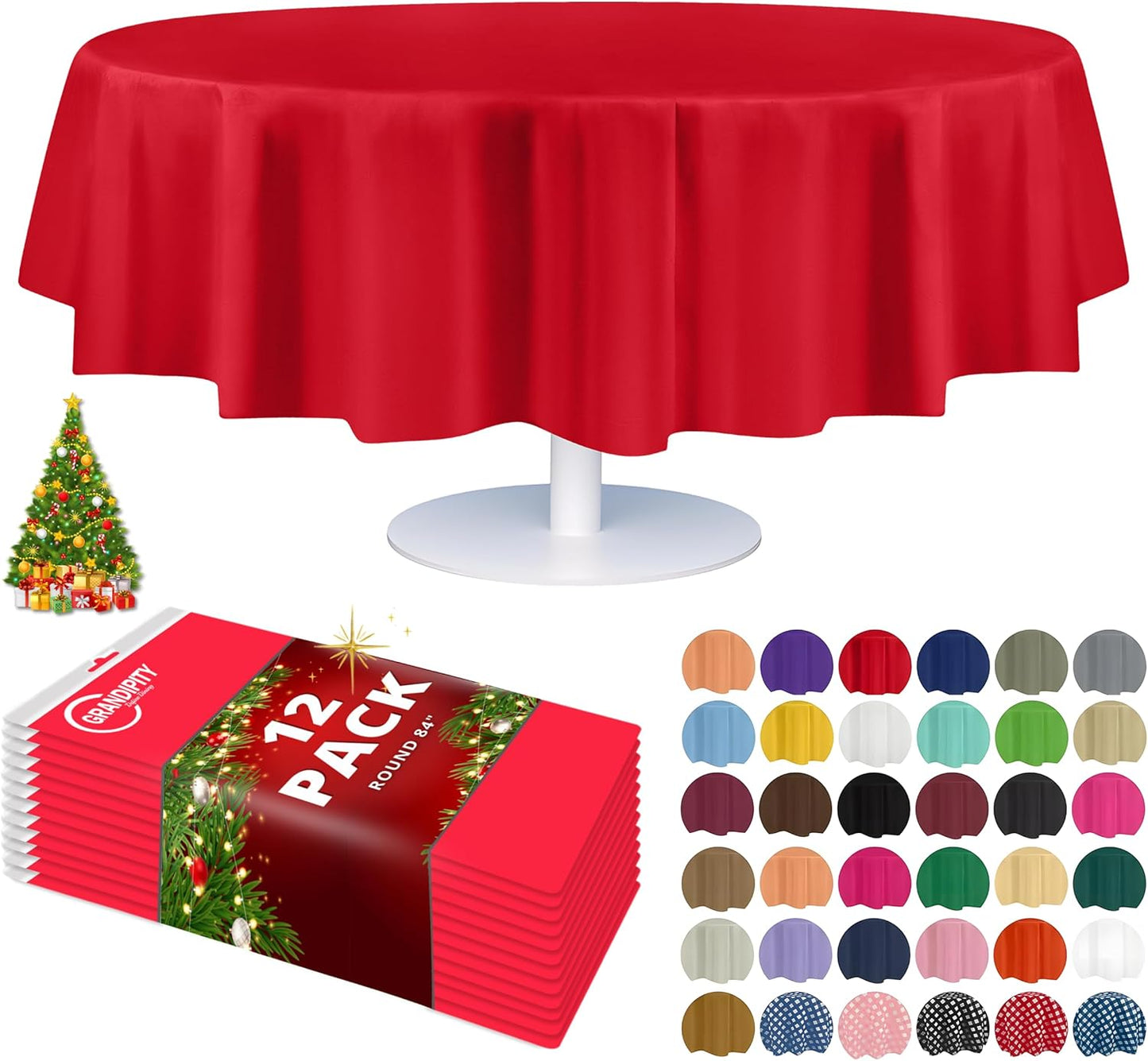 Grandipity 12 Pack Premium Disposable Plastic Tablecloth 84" Inch Decorative Round Table Cover - Red