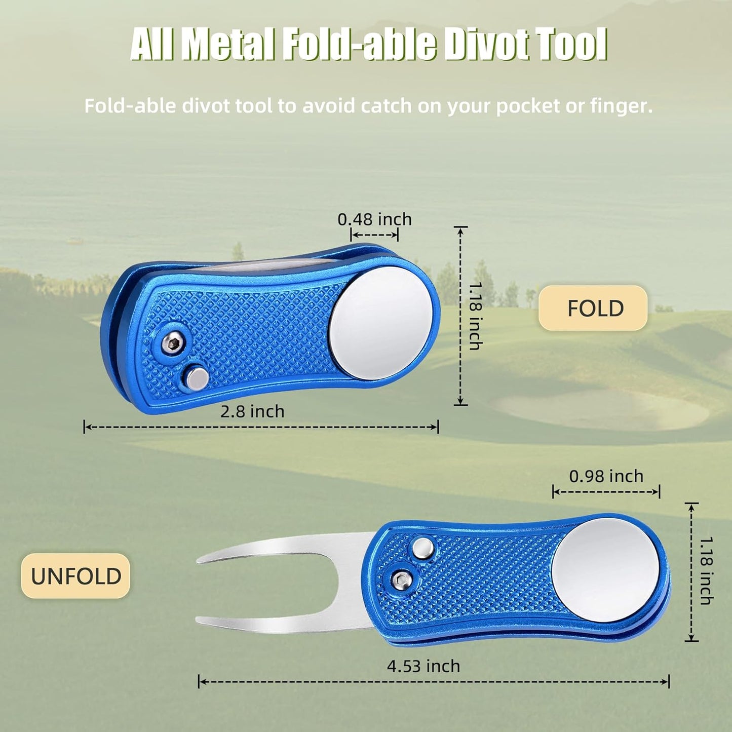 Mile High Life Golf Divot Repair Tool, All Metal Foldable Divot Tool with Pop-up Button & Magnetic Ball Marker