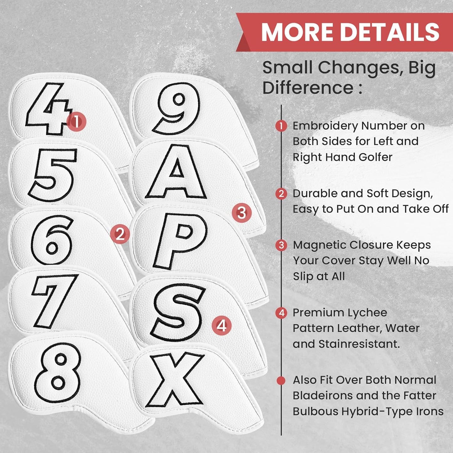 Golf Iron Covers Set Strong Magnetic Closure Value 10 Pack, Double Side Number Synthetic Leather Deluxe Club Headcover, Universal Head Cover Fit Main Irons Clubs for Women Men