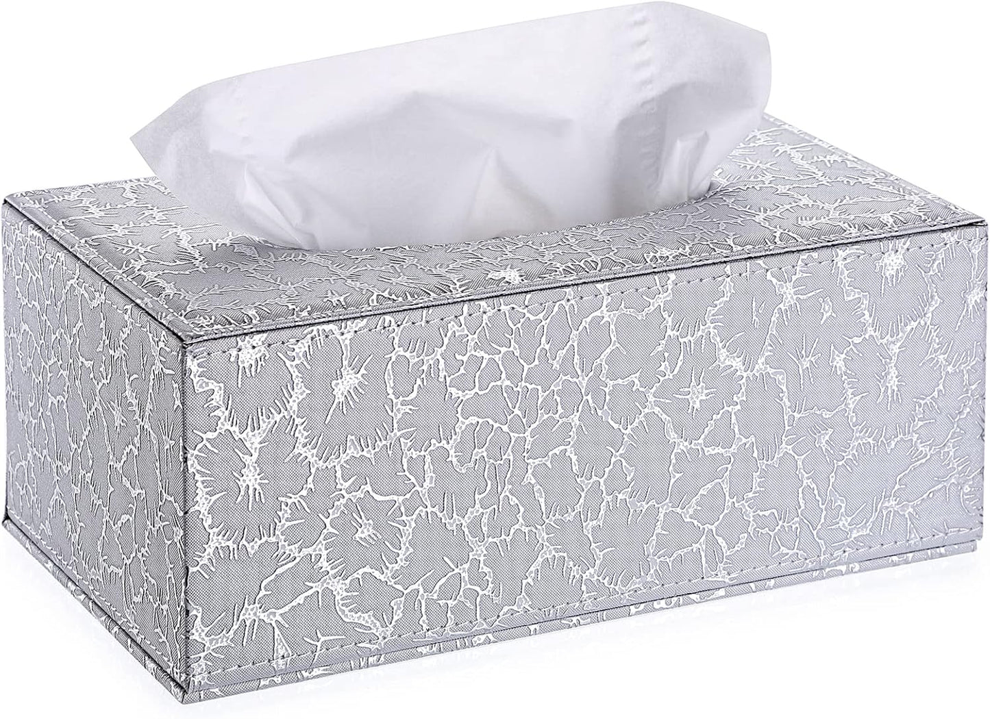 Sumnacon Rectangular Leather Tissue Box Cover - Stylish Tissue Box Holder with Magnetic Bottom, Decorative PU Tissue Box for Vanity Dresser Night Stand Table Countertop Home Office Car, Silver