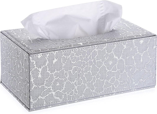 Sumnacon Rectangular Leather Tissue Box Cover - Stylish Tissue Box Holder with Magnetic Bottom, Decorative PU Tissue Box for Vanity Dresser Night Stand Table Countertop Home Office Car, Silver