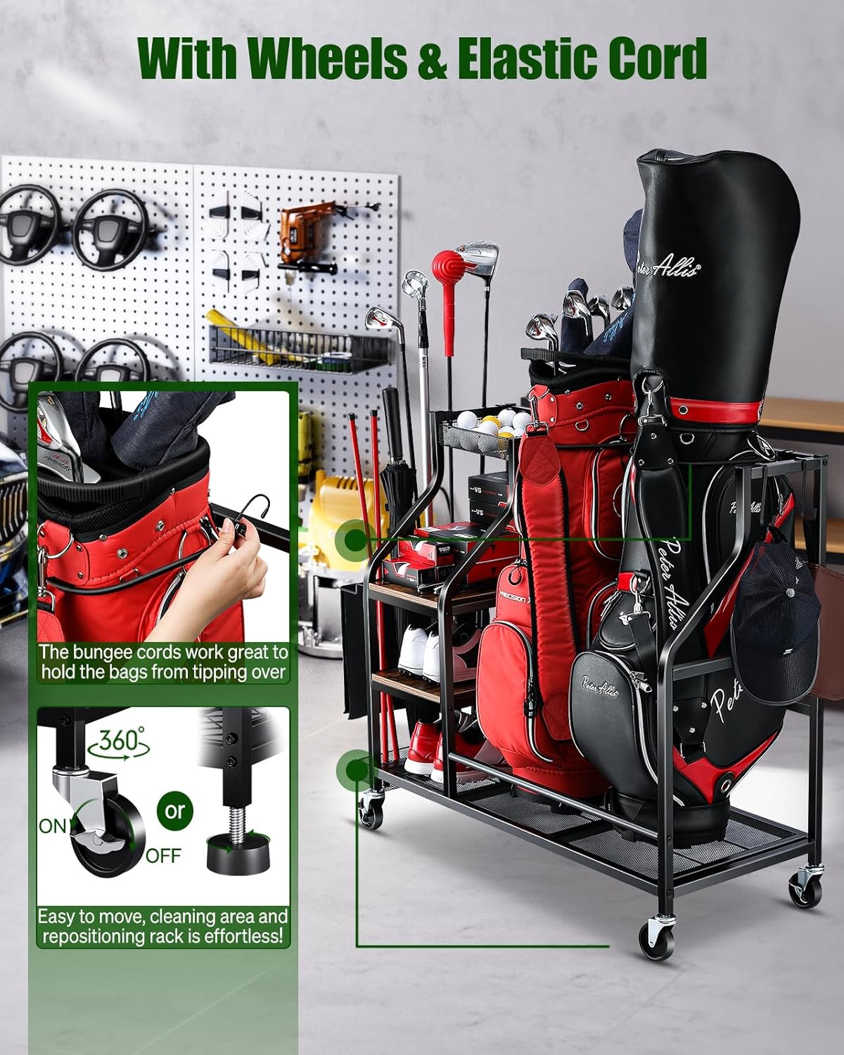 Golf Bags Storage Garage Organizer- Golf Bag Stand for Golf Bags, Clubs, Balls, Golf Equipment Accessories, Golf Bag Storage Rack with Wheels for Garage, Club, Basement