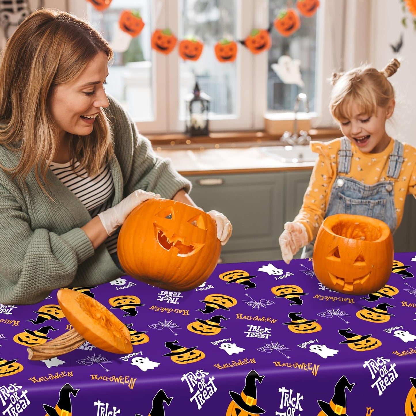 QZYL 4 Pack Halloween Coloring Tablecloth, 54" x 108" Pumpkin Decorations, Purple Disposable Table Cloth Black Plastic Tablecover, Halloween Party Decor Supplies Indoor Outdoor