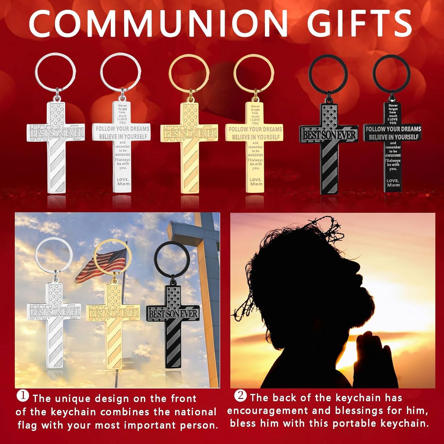 Football/Baseball/Soccer/Basketball Cross Keychains for Men First Communion Baptism Confirmation,Mens Gifts