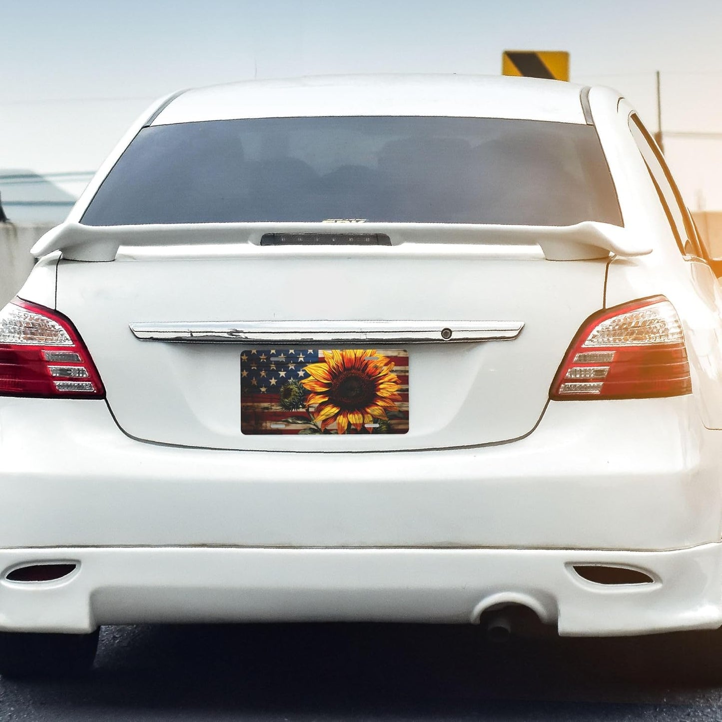 Front License Plate for Car Designs American Flag Sunflower Flower Stainless License Plate Cover Holder for Men Women Metal Aluminum Decorative Accessory Vanity Tag Standard 6 X 12 Inch (4 Holes)