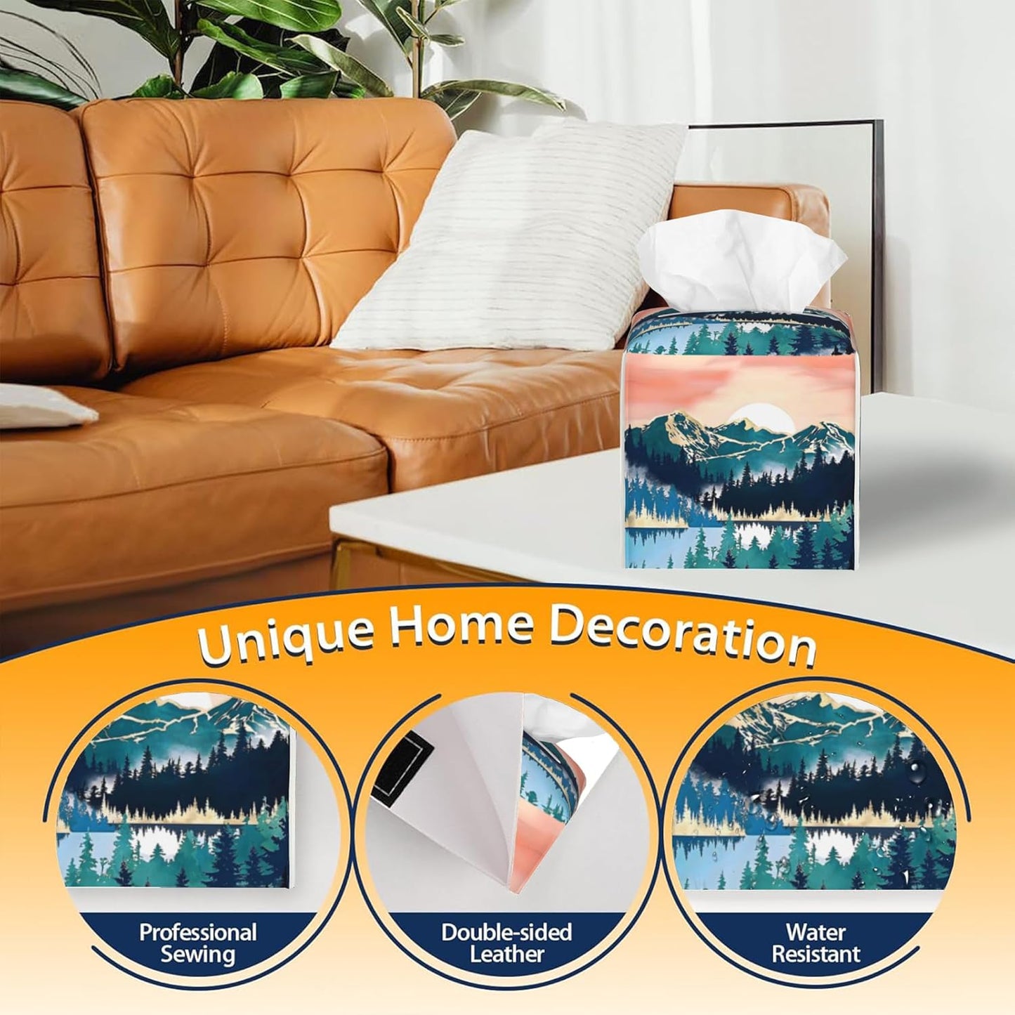 Tissue Box Cover Square,Abstract Mountains and Trees Tissue Box Holder Waterproof Leather Facial Paper Case Modern Home Decoration for Bedroom Dresser Night Stand Office Desk