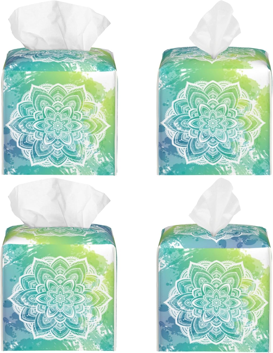 Green Boho Mandala Flower Tissue Box Cover Square, Abstract Mandala Floral Tissue Box Holder Waterproof Leather Facial Paper Organizer Dispenser for Bathroom Home Car Nightstand Vanity Desk