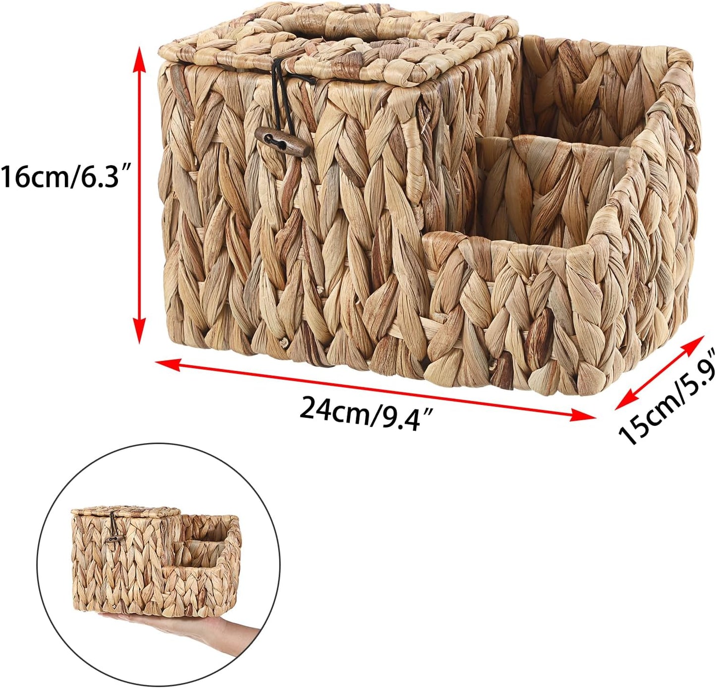 Sumnacon Square Tissue Box Cover with Side Organizer - Wicker Cube Tissue Box for Bathroom Toilet (Water Hyacinth, Natural)