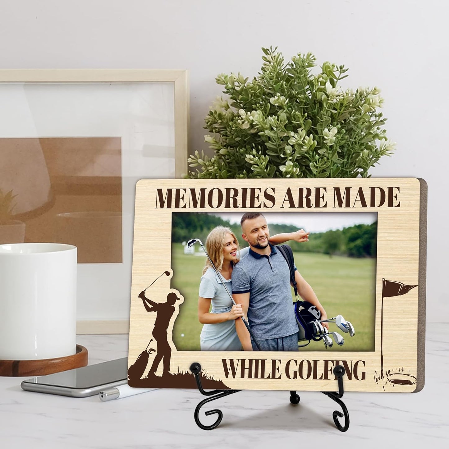 Special Golf Gifts for Family Golfer, Warm Memory Gifts for Female Male Friend, Golf Decorative Photo Frame, Horizontal Wooden Picture Frame with Stand, Home Office Desk Decor-B27