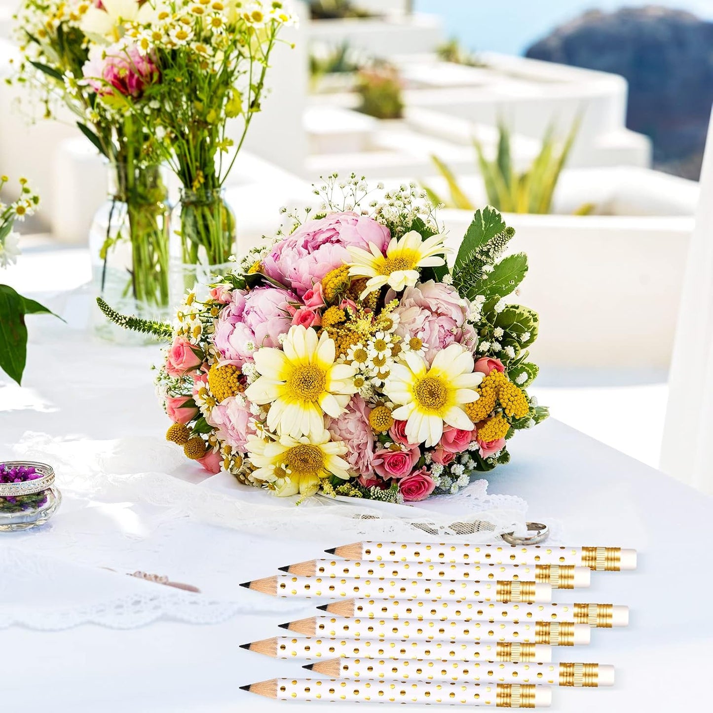 Crtiin 50 Pcs Mini Golf Pencils with Eraser Pre Sharpened 4 Inch Pocket Half Pencils for Bridal Shower Baby Shower Wedding Game School Office Supplies Party Favors Prize Gift(White and Gold,Dot)