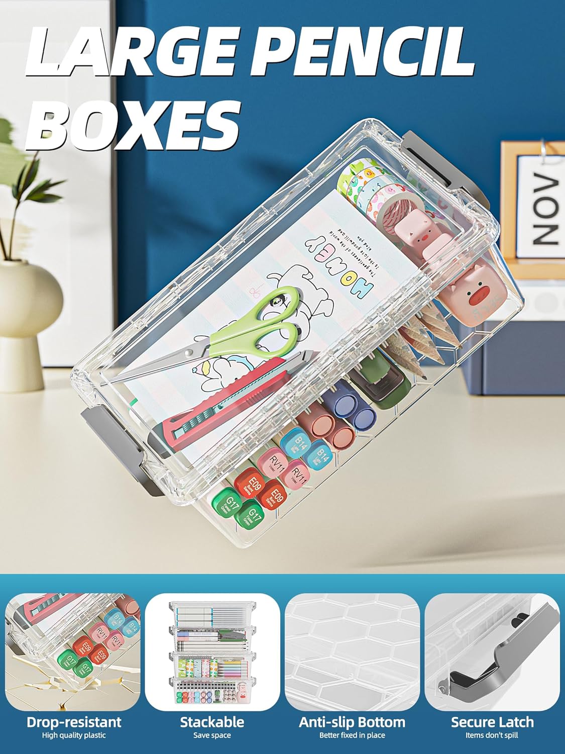 4 Pack Extra Large Pencil Box, Plastic Pencil Case Organizer, Clear Crayon Box Marker Organizer, Stackable Craft Organizers and Storage for Pen, Craft, Art Supply(Pink)