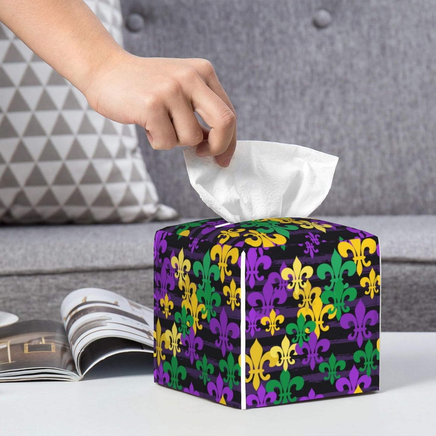 Tissue Box Cover Holder, Mardi Gras Carnival PU Leather Square Tissue Box Cover Decorative Organizer for Bathroom Kitchen Bedroom Vanity Countertop Night Stands